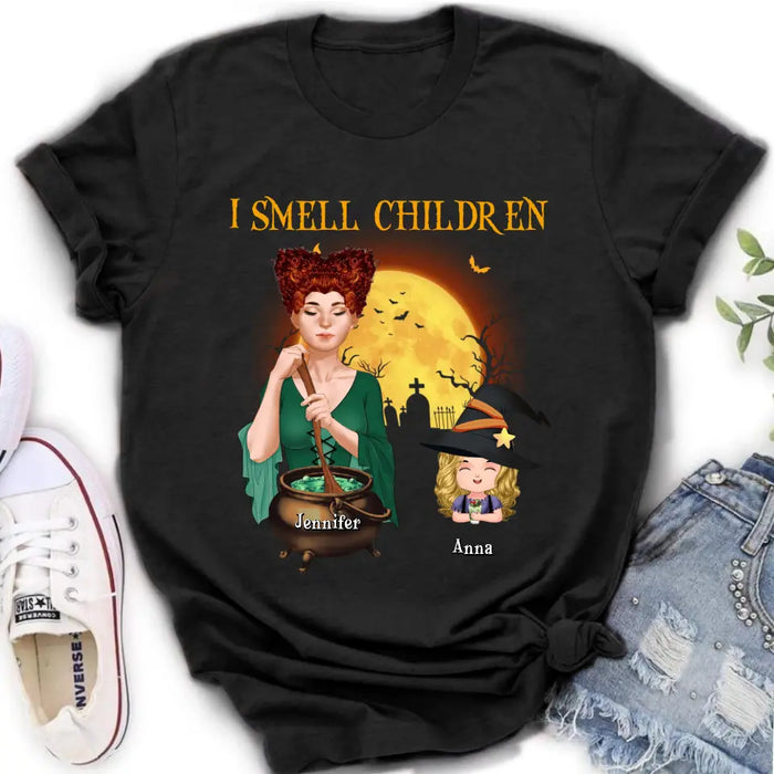 Custom Personalized Grandma Witch Shirt/ Hoodie - Halloween Gift Idea For Grandma/ Mother - Woman With Upto 6 Kids - I Smell Children