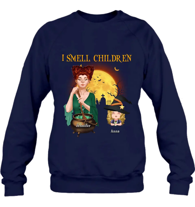 Custom Personalized Grandma Witch Shirt/ Hoodie - Halloween Gift Idea For Grandma/ Mother - Woman With Upto 6 Kids - I Smell Children