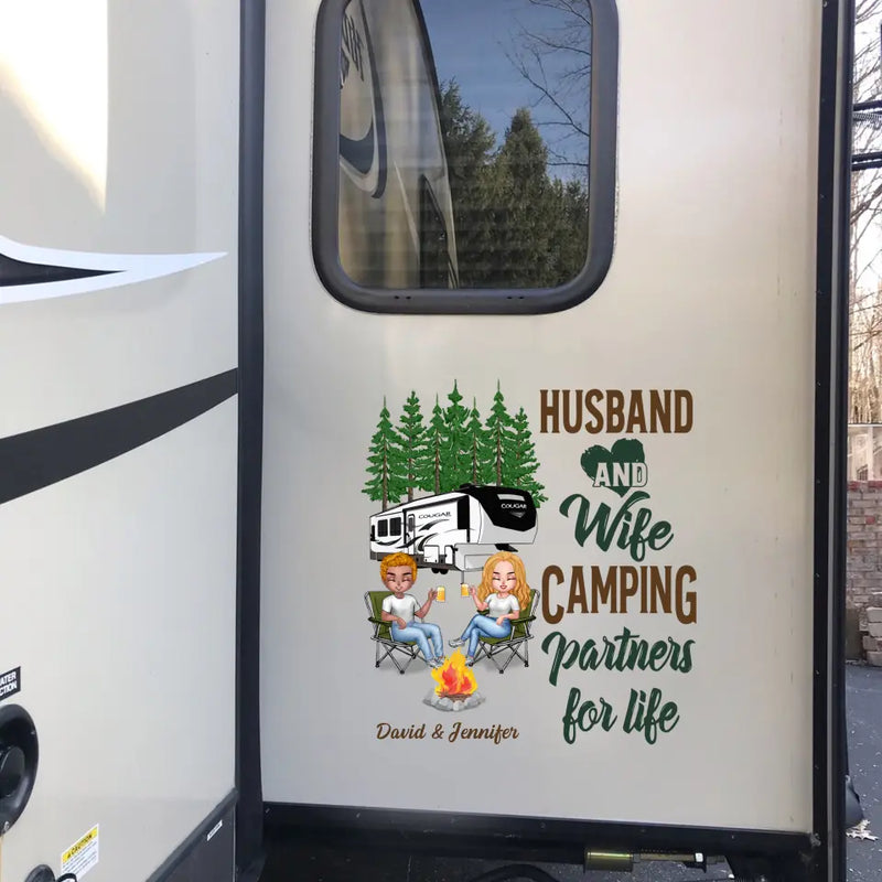 Personalized Husband And Wife Camping 3D Decal - Gift Idea For Couple/Camping Lovers/RVs Owners - Let's Sit By The Campfire And Watch People Park Their Campers