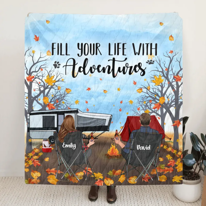 Custom Personalized Autumn Camping Quilt/Single Layer Fleece Blanket - Couple/ Parents With Upto 3 Kids And 3 Pets - Gift For Camping Lovers -Fill Your Life With Adventures