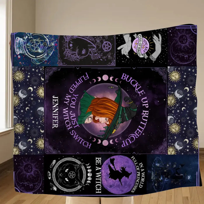 Custom Personalized Witch Quilt/Single Layer Fleece Blanket - Halloween Gift Idea For Witch Lovers - Buckle Up Buttercup