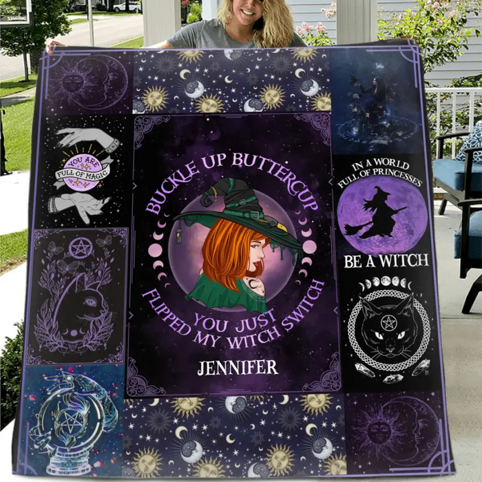 Custom Personalized Witch Quilt/Single Layer Fleece Blanket - Halloween Gift Idea For Witch Lovers - Buckle Up Buttercup