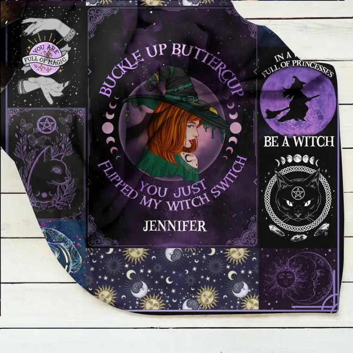 Custom Personalized Witch Quilt/Single Layer Fleece Blanket - Halloween Gift Idea For Witch Lovers - Buckle Up Buttercup