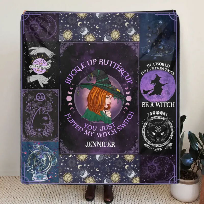 Personalized Witch Quilt/Fleece Throw Blanket - Halloween Gift Idea For Witch Lovers - Buckle Up Buttercup