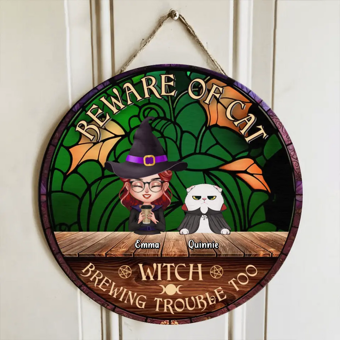 Custom Personalized Witch Wooden Sign - Single/Couple with Up to 6 Cats/Dogs - Gift Idea For Halloween/Pet Lovers - Beware Of Cat Witch Brewing Trouble Too