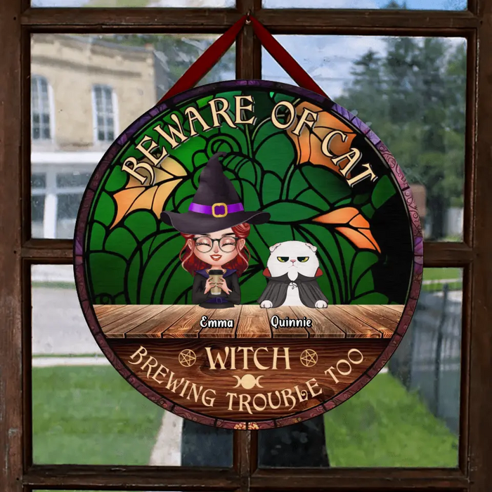 Custom Personalized Witch Wooden Sign - Single/Couple with Up to 6 Cats/Dogs - Gift Idea For Halloween/Pet Lovers - Beware Of Cat Witch Brewing Trouble Too