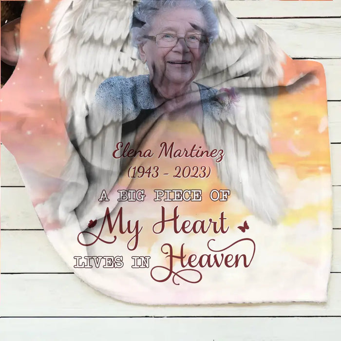 Custom Personalized Memorial Photo Single Layer Fleece/Quilt Blanket - Memorial Gift Idea for Family - A Big Piece Of My Heart Lives In Heaven