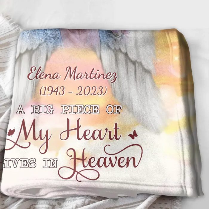 Custom Personalized Memorial Photo Single Layer Fleece/Quilt Blanket - Memorial Gift Idea for Family - A Big Piece Of My Heart Lives In Heaven