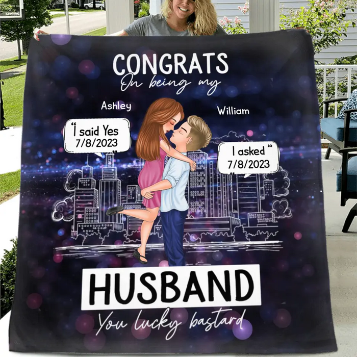 Personalized Couple Quilt/Single Layer Fleece Blanket - Wedding/Anniversary Gift Idea for Couple -Congrats On Being My Husband You Lucky Bastard