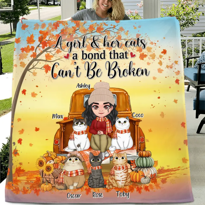 Custom Personalized Cat Mom Fall Season Quilt/Single Layer Fleece Blanket - Gift Idea For Cat Lovers - Up To 5 Cats - A Girl & Her Cats A Bond That Can't Be Broken