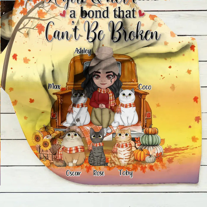 Custom Personalized Cat Mom Fall Season Quilt/Single Layer Fleece Blanket - Gift Idea For Cat Lovers - Up To 5 Cats - A Girl & Her Cats A Bond That Can't Be Broken