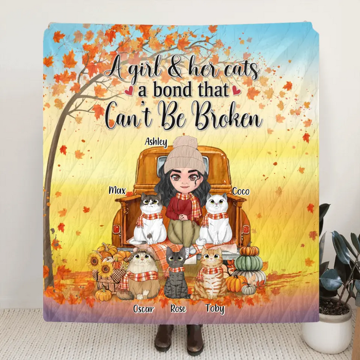 Custom Personalized Cat Mom Fall Season Quilt/Single Layer Fleece Blanket - Gift Idea For Cat Lovers - Up To 5 Cats - A Girl & Her Cats A Bond That Can't Be Broken