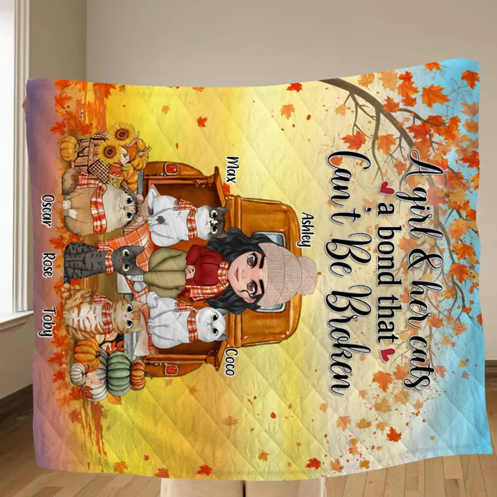 Custom Personalized Cat Mom Fall Season Quilt/Single Layer Fleece Blanket - Gift Idea For Cat Lovers - Up To 5 Cats - A Girl & Her Cats A Bond That Can't Be Broken