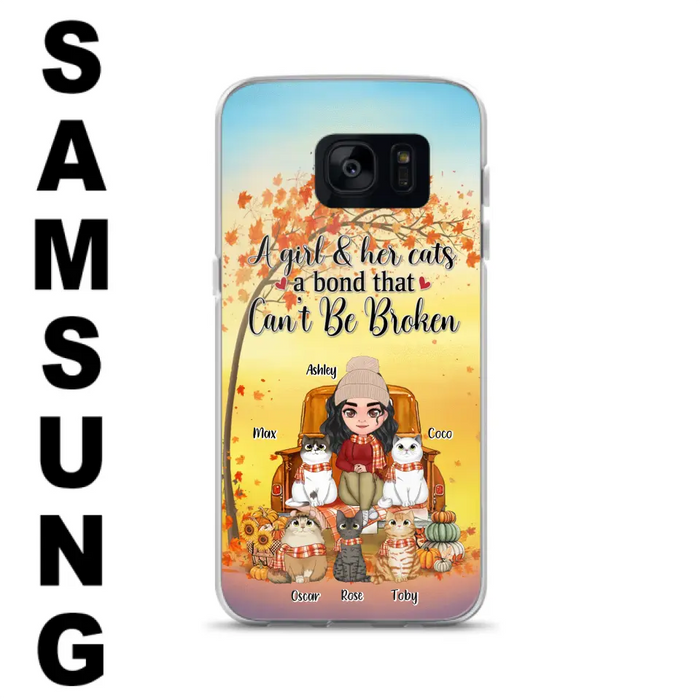 Custom Personalized Cat Mom Fall Season Phone Case - Gift Idea For Cat Owners - Upto 5 Cats -  Case For iPhone/Samsung - A Girl & Her Cats A Bond That Can't Be Broken