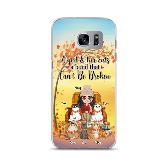 Custom Personalized Cat Mom Fall Season Phone Case - Gift Idea For Cat Owners - Upto 5 Cats -  Case For iPhone/Samsung - A Girl & Her Cats A Bond That Can't Be Broken