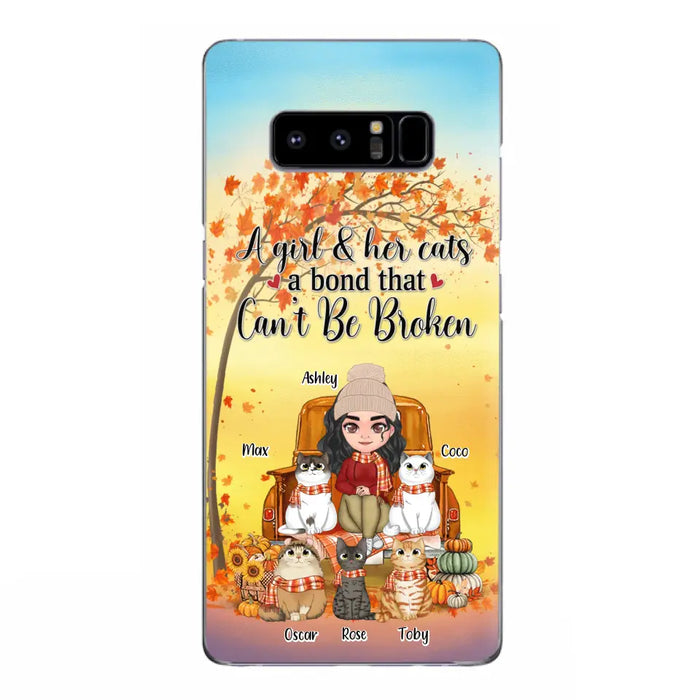 Custom Personalized Cat Mom Fall Season Phone Case - Gift Idea For Cat Owners - Upto 5 Cats -  Case For iPhone/Samsung - A Girl & Her Cats A Bond That Can't Be Broken