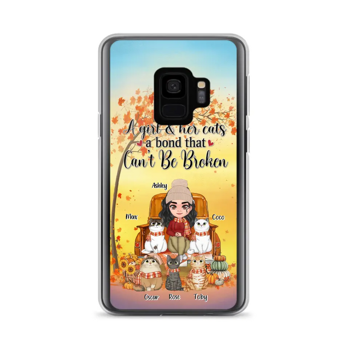 Custom Personalized Cat Mom Fall Season Phone Case - Gift Idea For Cat Owners - Upto 5 Cats -  Case For iPhone/Samsung - A Girl & Her Cats A Bond That Can't Be Broken