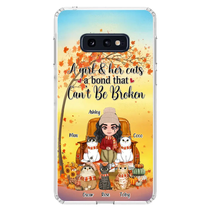 Custom Personalized Cat Mom Fall Season Phone Case - Gift Idea For Cat Owners - Upto 5 Cats -  Case For iPhone/Samsung - A Girl & Her Cats A Bond That Can't Be Broken