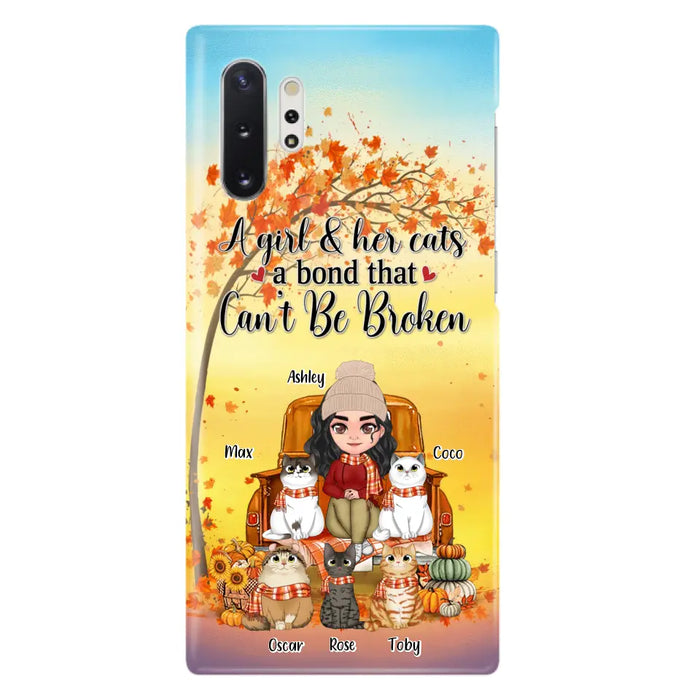 Custom Personalized Cat Mom Fall Season Phone Case - Gift Idea For Cat Owners - Upto 5 Cats -  Case For iPhone/Samsung - A Girl & Her Cats A Bond That Can't Be Broken