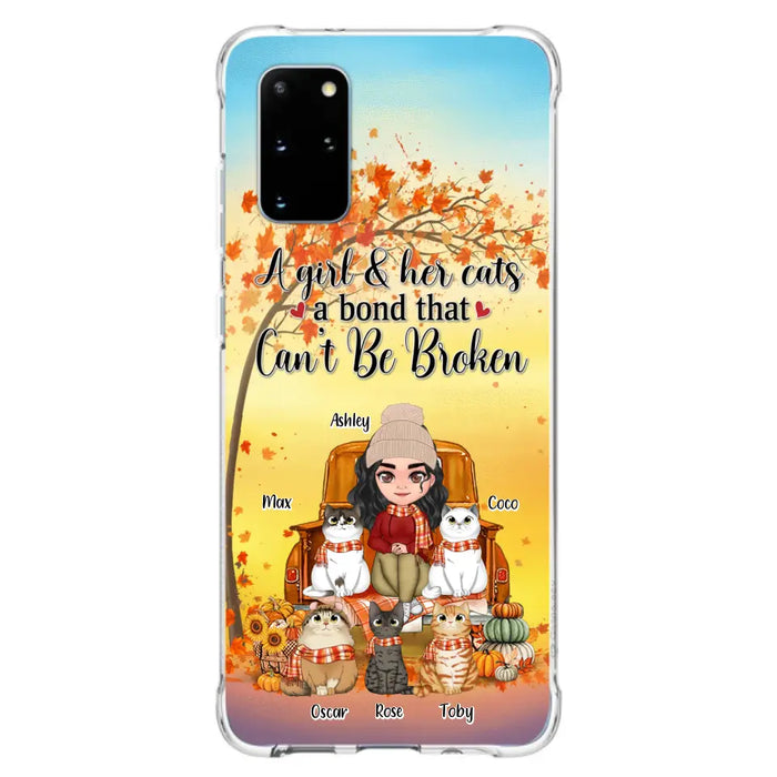 Custom Personalized Cat Mom Fall Season Phone Case - Gift Idea For Cat Owners - Upto 5 Cats -  Case For iPhone/Samsung - A Girl & Her Cats A Bond That Can't Be Broken