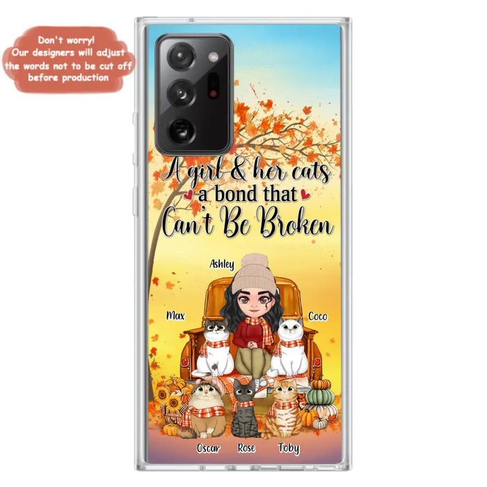 Custom Personalized Cat Mom Fall Season Phone Case - Gift Idea For Cat Owners - Upto 5 Cats -  Case For iPhone/Samsung - A Girl & Her Cats A Bond That Can't Be Broken