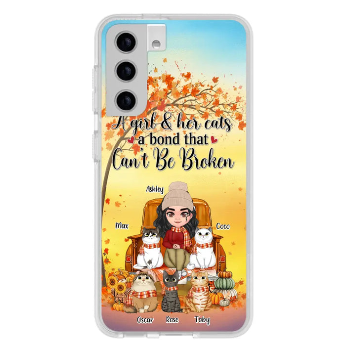 Custom Personalized Cat Mom Fall Season Phone Case - Gift Idea For Cat Owners - Upto 5 Cats -  Case For iPhone/Samsung - A Girl & Her Cats A Bond That Can't Be Broken