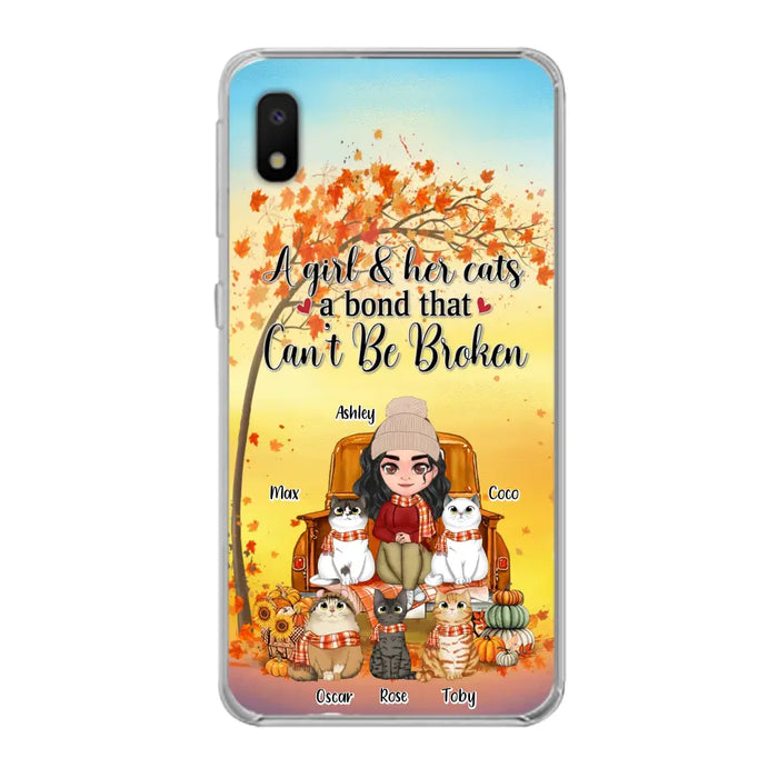 Custom Personalized Cat Mom Fall Season Phone Case - Gift Idea For Cat Owners - Upto 5 Cats -  Case For iPhone/Samsung - A Girl & Her Cats A Bond That Can't Be Broken