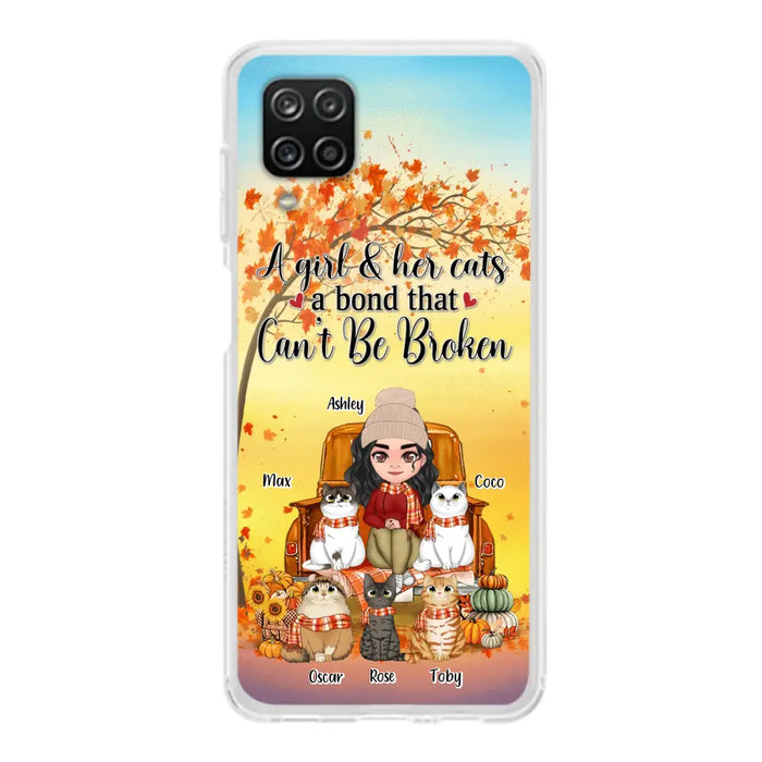 Custom Personalized Cat Mom Fall Season Phone Case - Gift Idea For Cat Owners - Upto 5 Cats -  Case For iPhone/Samsung - A Girl & Her Cats A Bond That Can't Be Broken