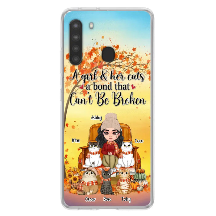 Custom Personalized Cat Mom Fall Season Phone Case - Gift Idea For Cat Owners - Upto 5 Cats -  Case For iPhone/Samsung - A Girl & Her Cats A Bond That Can't Be Broken