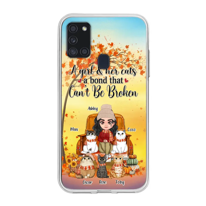 Custom Personalized Cat Mom Fall Season Phone Case - Gift Idea For Cat Owners - Upto 5 Cats -  Case For iPhone/Samsung - A Girl & Her Cats A Bond That Can't Be Broken