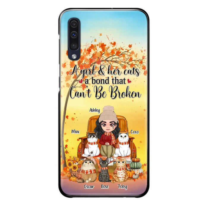 Custom Personalized Cat Mom Fall Season Phone Case - Gift Idea For Cat Owners - Upto 5 Cats -  Case For iPhone/Samsung - A Girl & Her Cats A Bond That Can't Be Broken