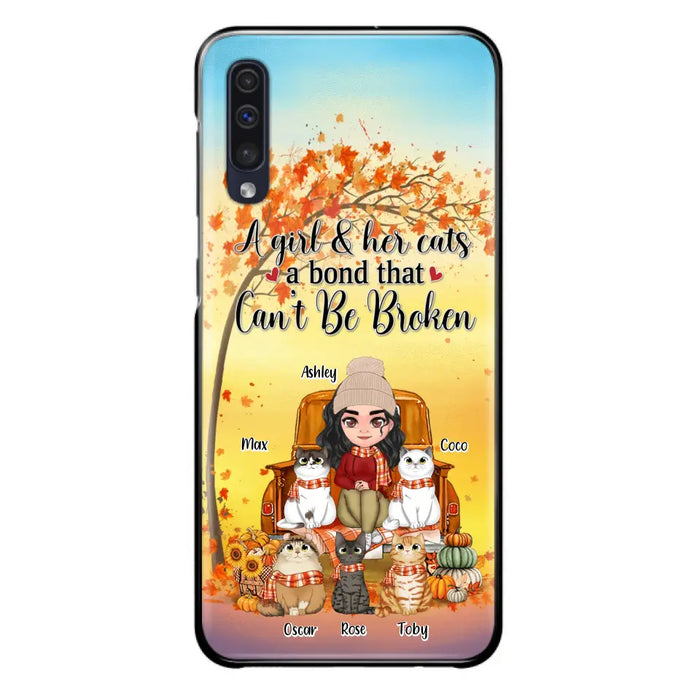 Custom Personalized Cat Mom Fall Season Phone Case - Gift Idea For Cat Owners - Upto 5 Cats -  Case For iPhone/Samsung - A Girl & Her Cats A Bond That Can't Be Broken