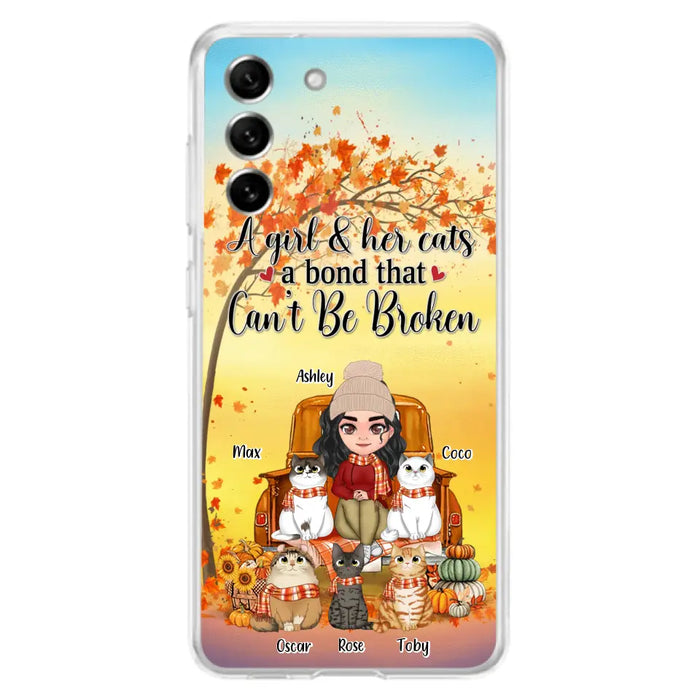 Custom Personalized Cat Mom Fall Season Phone Case - Gift Idea For Cat Owners - Upto 5 Cats -  Case For iPhone/Samsung - A Girl & Her Cats A Bond That Can't Be Broken