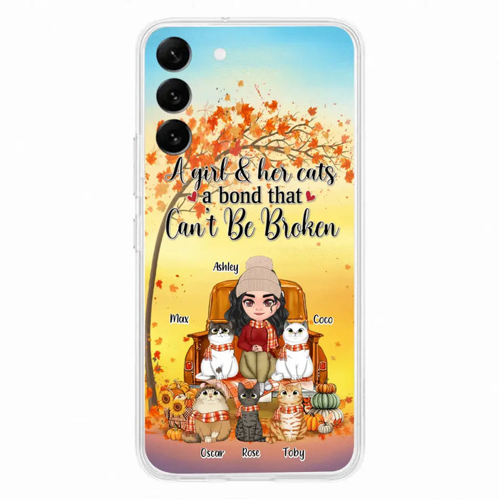 Custom Personalized Cat Mom Fall Season Phone Case - Gift Idea For Cat Owners - Upto 5 Cats -  Case For iPhone/Samsung - A Girl & Her Cats A Bond That Can't Be Broken