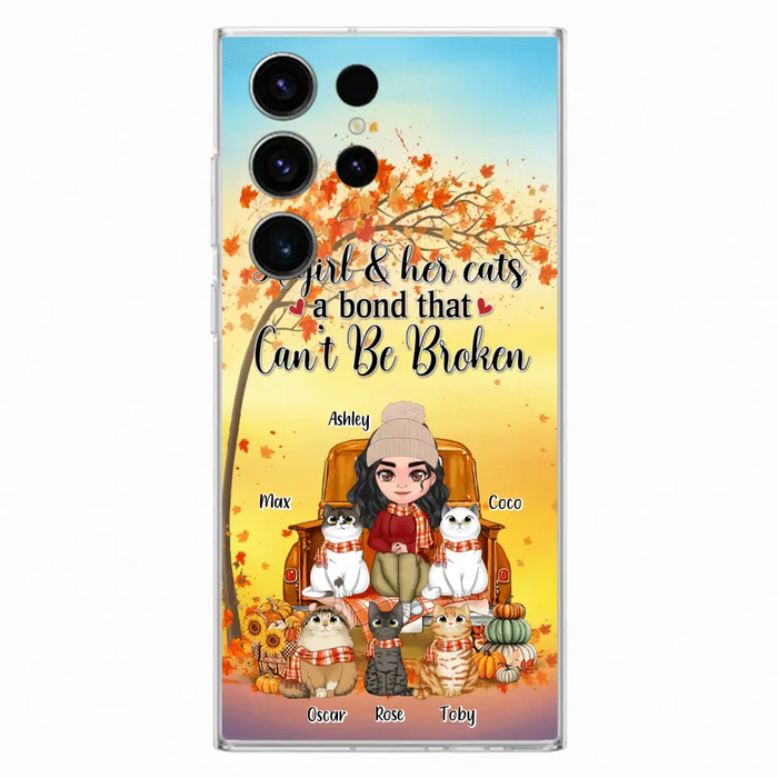 Custom Personalized Cat Mom Fall Season Phone Case - Gift Idea For Cat Owners - Upto 5 Cats -  Case For iPhone/Samsung - A Girl & Her Cats A Bond That Can't Be Broken