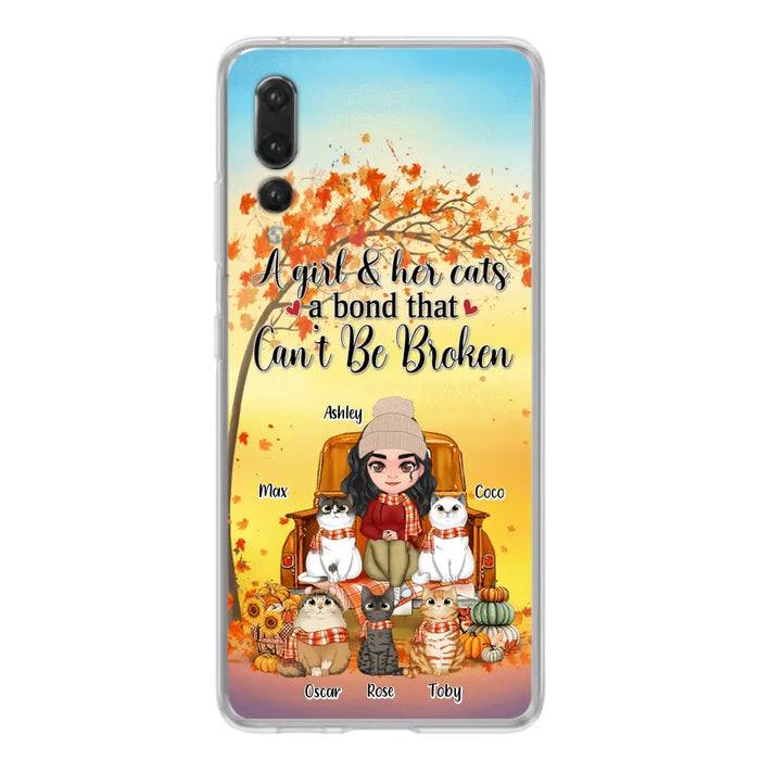 Custom Personalized Cat Mom Fall Season Phone Case - Gift Idea For Cat Lovers - Upto 5 Cats - Case For Xiaomi/ Oppo/ Huawei - A Girl & Her Cats A Bond That Can't Be Broken