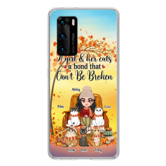 Custom Personalized Cat Mom Fall Season Phone Case - Gift Idea For Cat Lovers - Upto 5 Cats - Case For Xiaomi/ Oppo/ Huawei - A Girl & Her Cats A Bond That Can't Be Broken