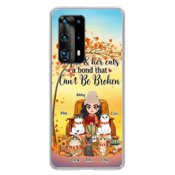 Custom Personalized Cat Mom Fall Season Phone Case - Gift Idea For Cat Lovers - Upto 5 Cats - Case For Xiaomi/ Oppo/ Huawei - A Girl & Her Cats A Bond That Can't Be Broken