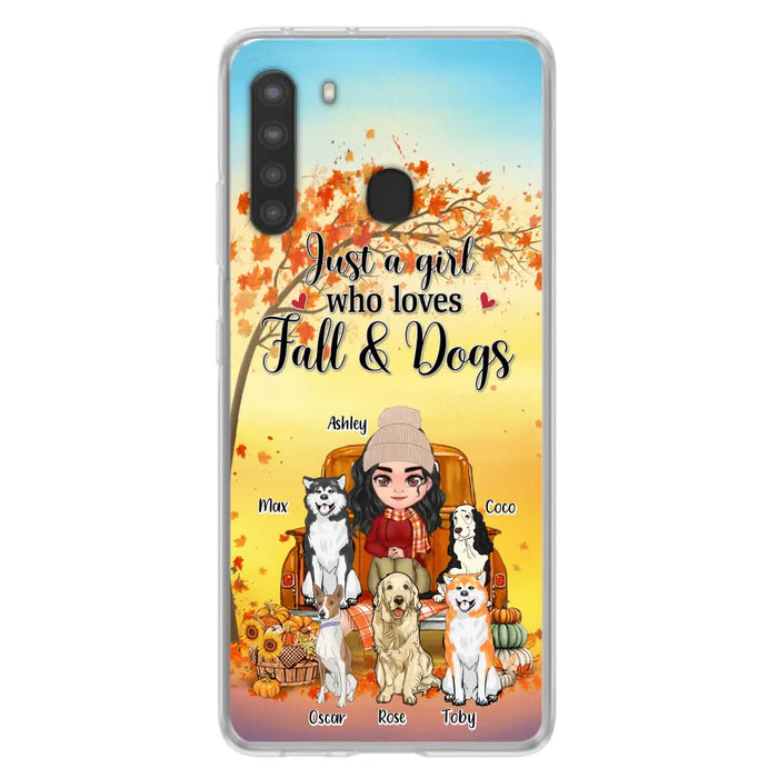 Custom Personalized Dog Mom Fall Season Phone Case - Autumn Gift Idea For Dog Owners - Upto 5 Dogs -  Case For iPhone/Samsung - Just A Girl Who Loves Fall & Dogs