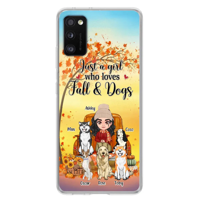 Custom Personalized Dog Mom Fall Season Phone Case - Autumn Gift Idea For Dog Owners - Upto 5 Dogs -  Case For iPhone/Samsung - Just A Girl Who Loves Fall & Dogs