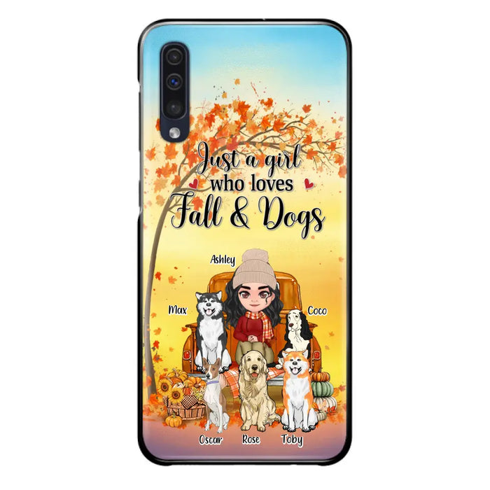 Custom Personalized Dog Mom Fall Season Phone Case - Autumn Gift Idea For Dog Owners - Upto 5 Dogs -  Case For iPhone/Samsung - Just A Girl Who Loves Fall & Dogs