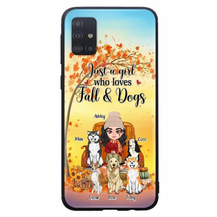 Custom Personalized Dog Mom Fall Season Phone Case - Autumn Gift Idea For Dog Owners - Upto 5 Dogs -  Case For iPhone/Samsung - Just A Girl Who Loves Fall & Dogs