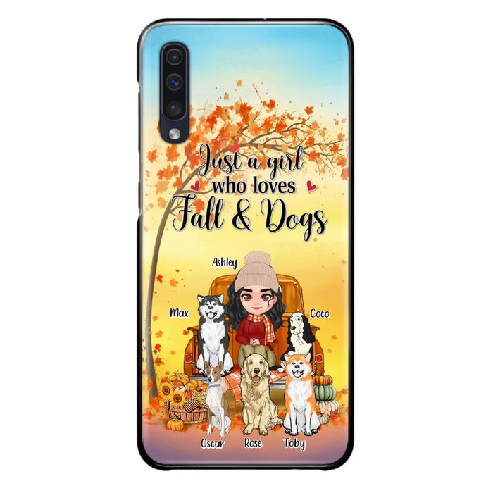 Custom Personalized Dog Mom Fall Season Phone Case - Autumn Gift Idea For Dog Owners - Upto 5 Dogs -  Case For iPhone/Samsung - Just A Girl Who Loves Fall & Dogs