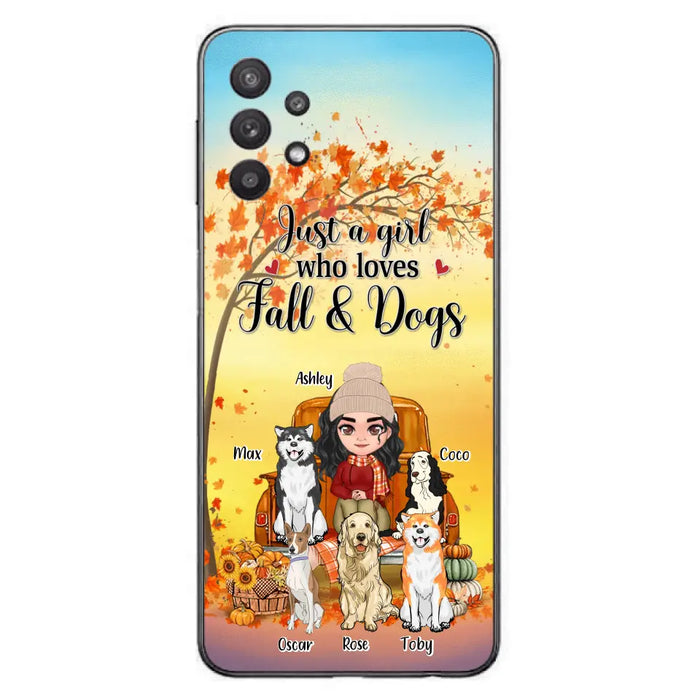 Custom Personalized Dog Mom Fall Season Phone Case - Autumn Gift Idea For Dog Owners - Upto 5 Dogs -  Case For iPhone/Samsung - Just A Girl Who Loves Fall & Dogs