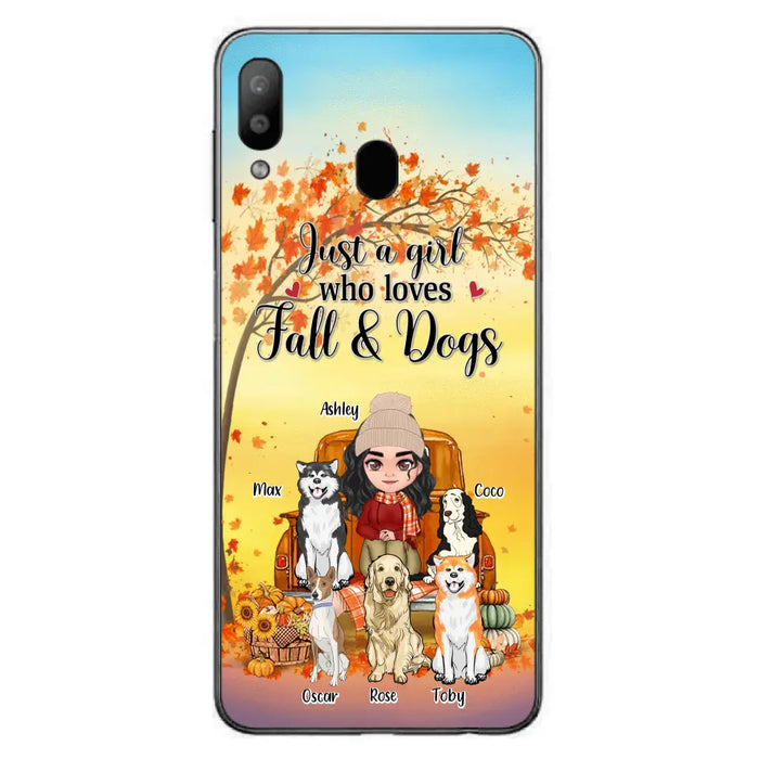 Custom Personalized Dog Mom Fall Season Phone Case - Autumn Gift Idea For Dog Owners - Upto 5 Dogs -  Case For iPhone/Samsung - Just A Girl Who Loves Fall & Dogs