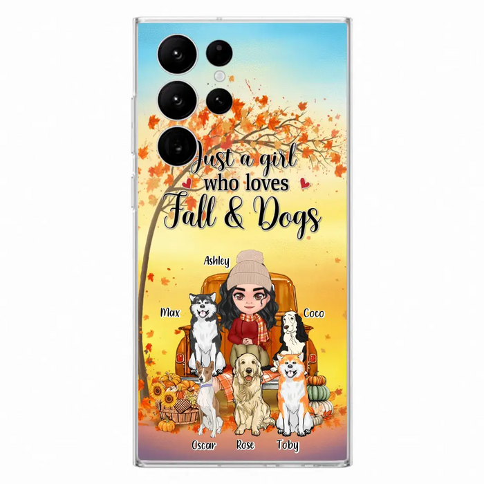 Custom Personalized Dog Mom Fall Season Phone Case - Autumn Gift Idea For Dog Owners - Upto 5 Dogs -  Case For iPhone/Samsung - Just A Girl Who Loves Fall & Dogs