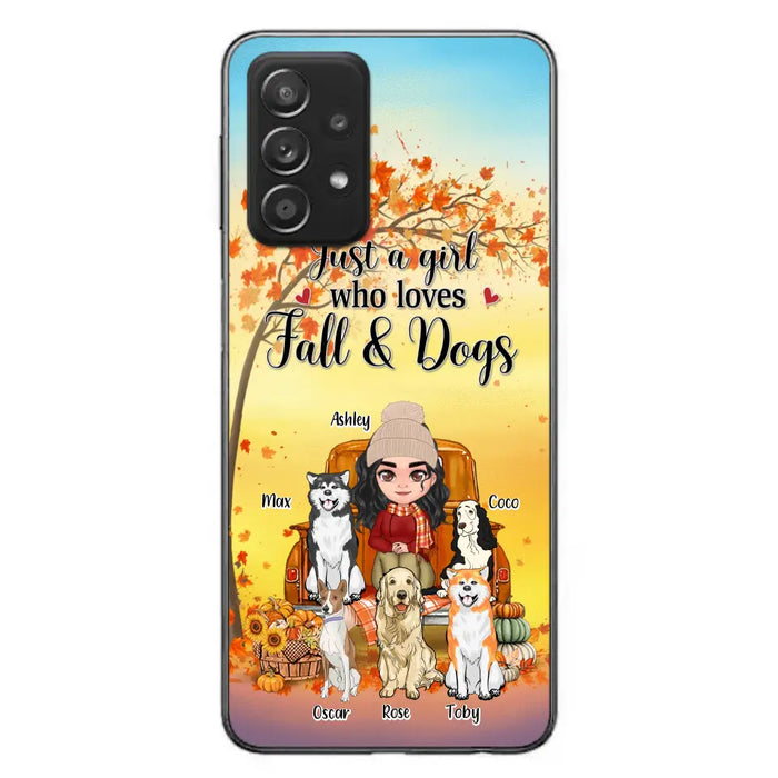 Custom Personalized Dog Mom Fall Season Phone Case - Autumn Gift Idea For Dog Owners - Upto 5 Dogs -  Case For iPhone/Samsung - Just A Girl Who Loves Fall & Dogs