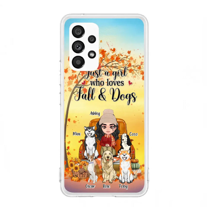 Custom Personalized Dog Mom Fall Season Phone Case - Autumn Gift Idea For Dog Owners - Upto 5 Dogs -  Case For iPhone/Samsung - Just A Girl Who Loves Fall & Dogs