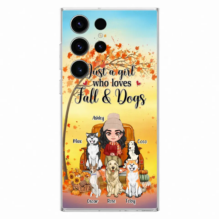 Custom Personalized Dog Mom Fall Season Phone Case - Autumn Gift Idea For Dog Owners - Upto 5 Dogs -  Case For iPhone/Samsung - Just A Girl Who Loves Fall & Dogs