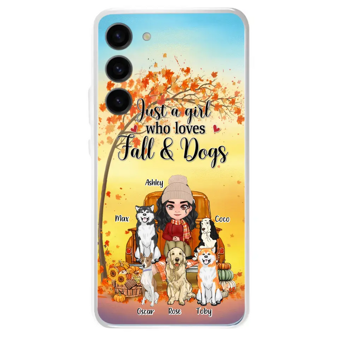 Custom Personalized Dog Mom Fall Season Phone Case - Autumn Gift Idea For Dog Owners - Upto 5 Dogs -  Case For iPhone/Samsung - Just A Girl Who Loves Fall & Dogs